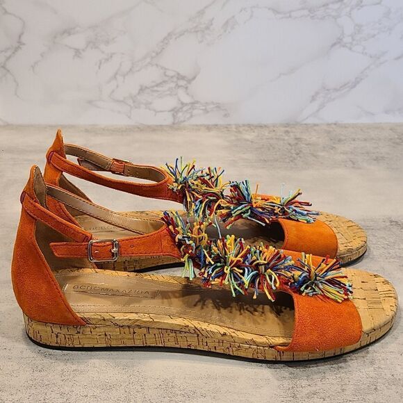 BCBGMaxAzria Orange Suede with Colorful Pom Pom Detail.Sandals, Cork Outsole | 9 - Picture 4 of 10